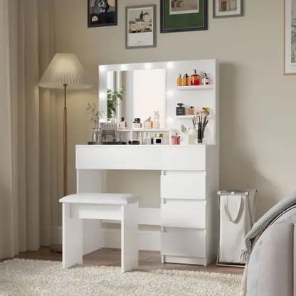 Vanity, Makeup Vanity Desk Set With Mirror  Light, Dressing Table Storage Lots With Power Strip, 3 Lighting Modes With Adjustable Brightness, 37 Inches White With Stool